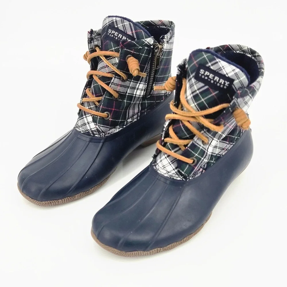 Sperry Top-Sider Saltwater Women Duck Boots Navy Plaid Winter Rain 5.5 Youth 4Y